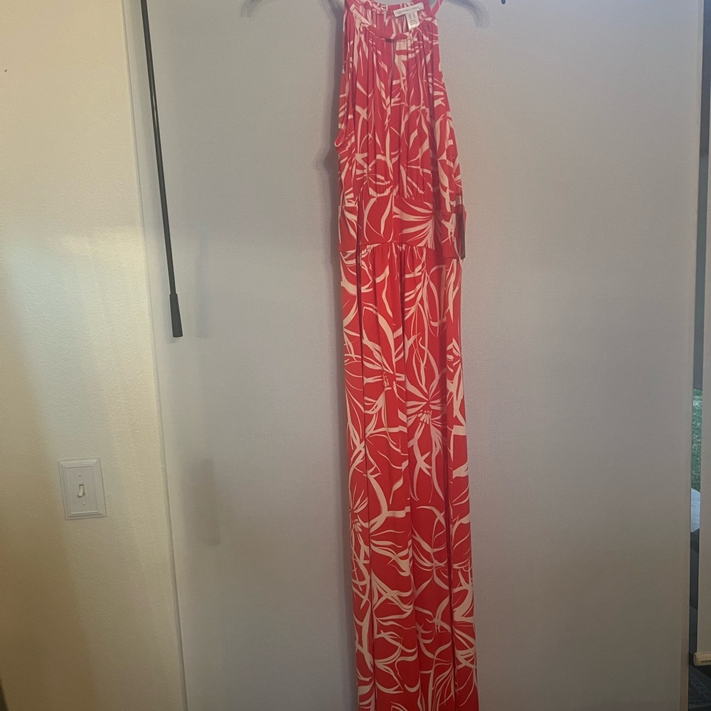 London Times Orange and White Leaf Print Maxi Dress